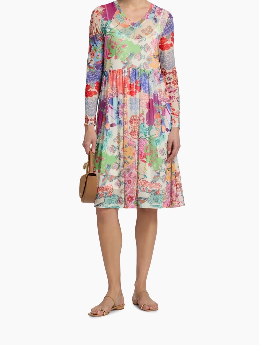 Johnny Was Multicolor Floral Patchwork Midi Dress 1X Long Sleeve Boho